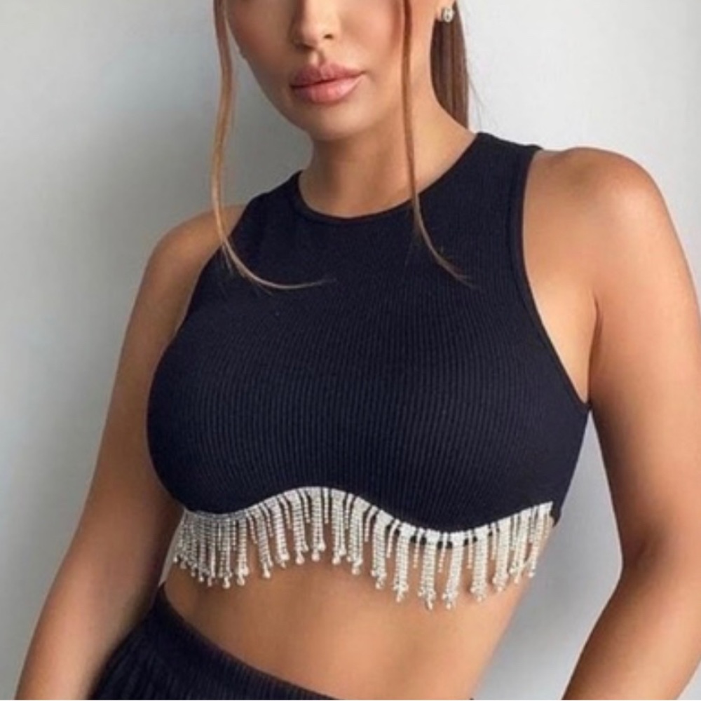 Zara Seamless Rhinestone Crop Top Black M